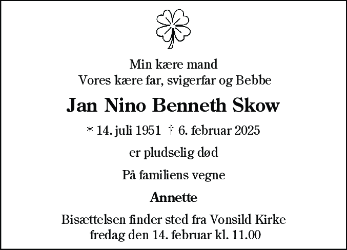 Dødsannonce for Jan Nino Benneth Skow