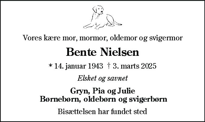 Dødsannonce for Bente Nielsen