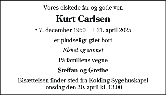 Dødsannonce for Kurt Carlsen