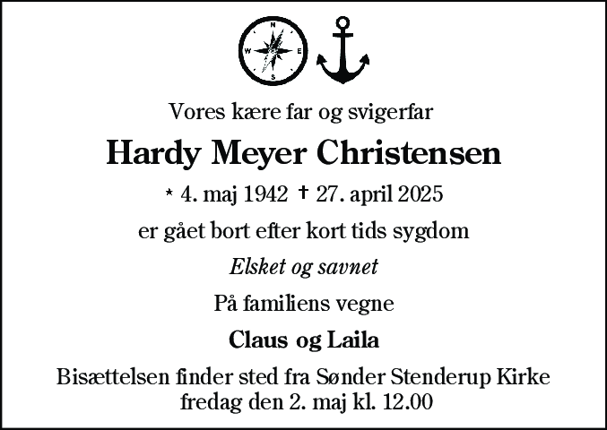 Dødsannonce for Hardy Meyer Christensen