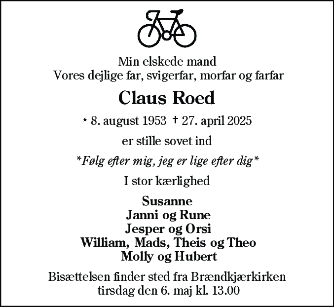 Dødsannonce for Claus Roed