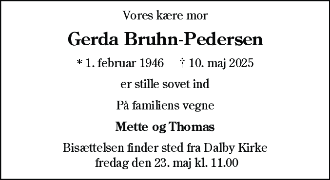 Dødsannonce for Gerda Bruhn-Pedersen