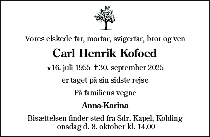Dødsannonce for Carl Henrik Kofoed