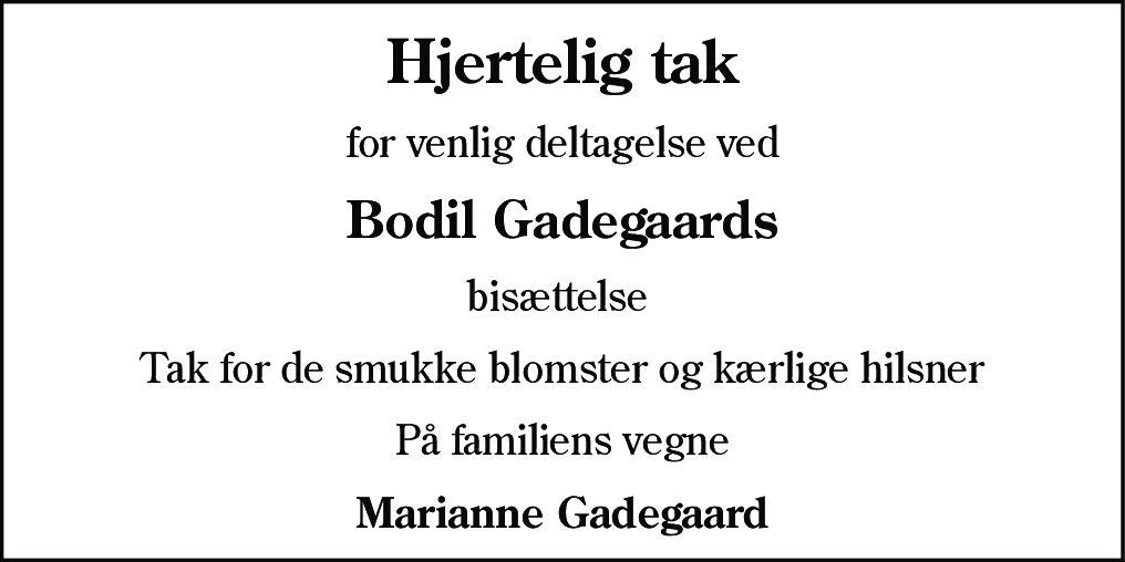 Dødsannonce for Bodil Marie Gadegaard