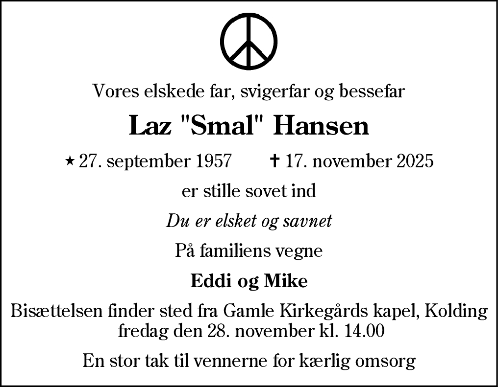 Dødsannonce for Laz Hansen