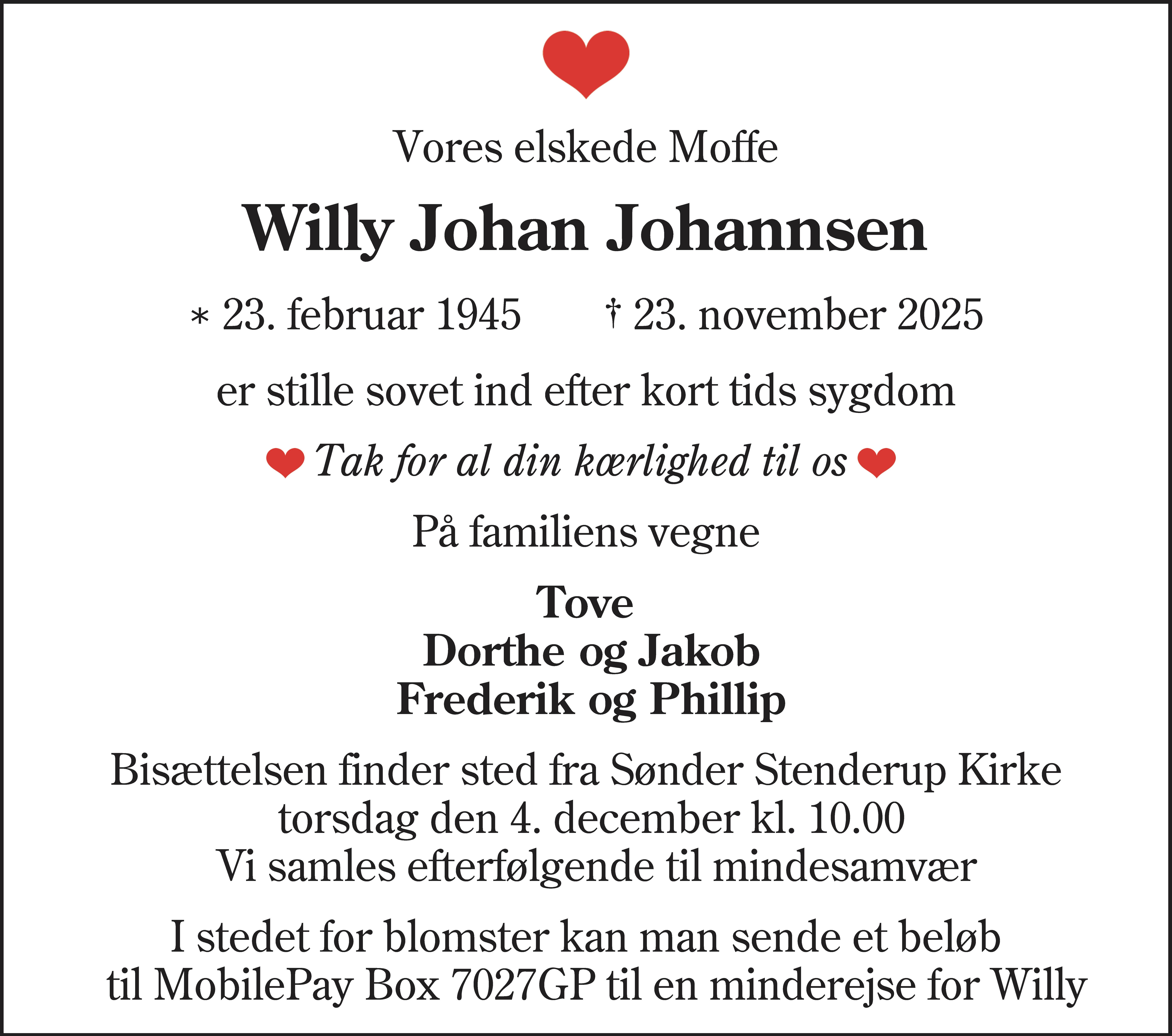 Dødsannonce for Willy Johan Johannsen