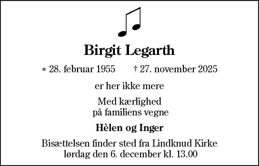 Dødsannonce for Birgit Legarth
