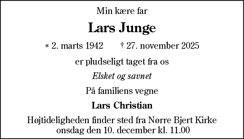 Dødsannonce for Lars Junge