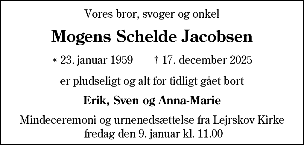 Dødsannonce for Mogens Schelde Jacobsen