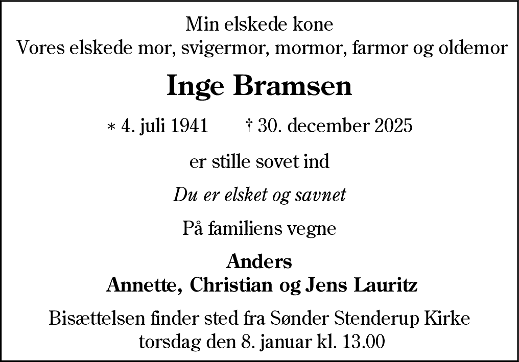 Dødsannonce for Inge Bramsen