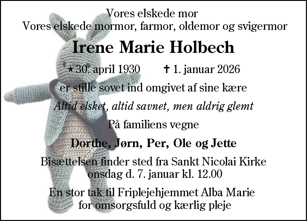 Dødsannonce for Irene Marie Holbech