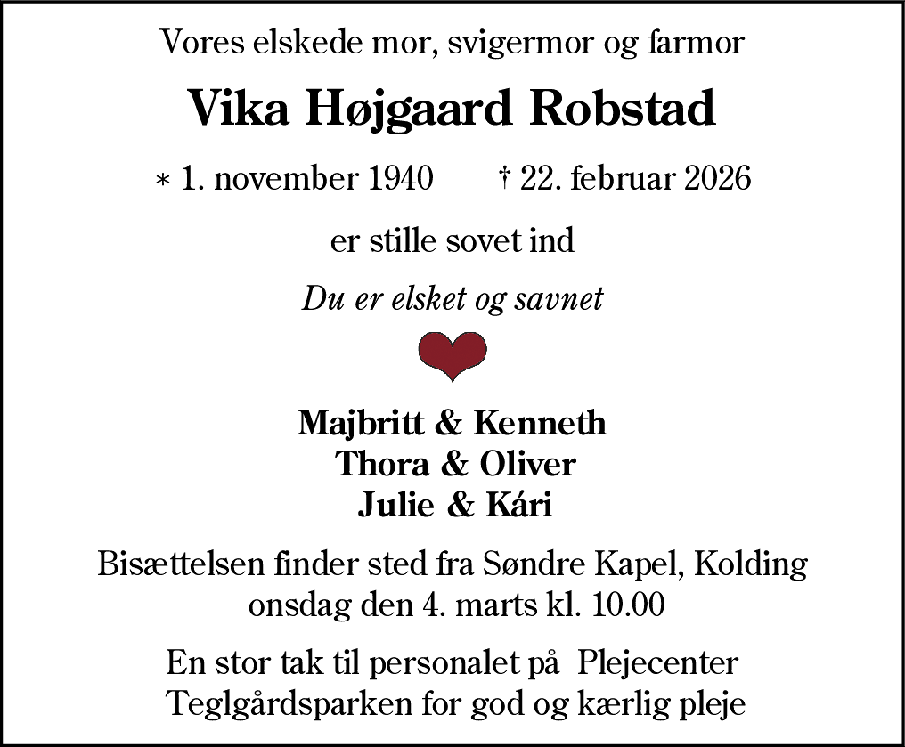 Dødsannonce for Vika Højgaard Robstad