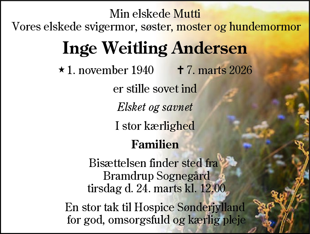 Dødsannonce for Inge Weitling Andersen