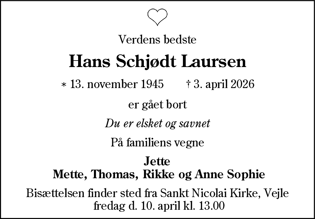 Dødsannonce for Hans Schjødt Laursen
