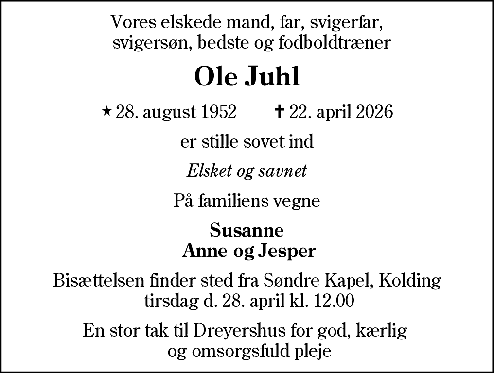 Dødsannonce for Ole Juhl