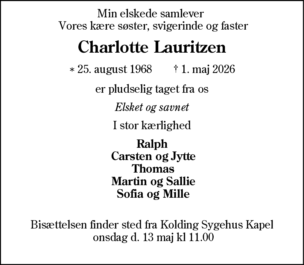 Dødsannonce for Charlotte Lauritzen