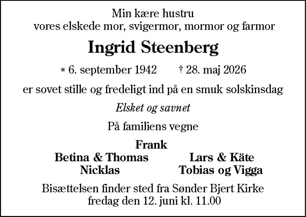 Dødsannonce for Ingrid Steenberg