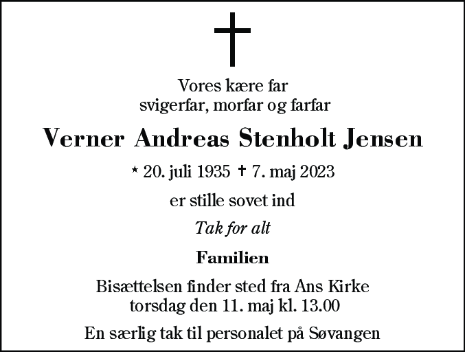 Dødsannonce for Verner Andreas Stenholt Jensen