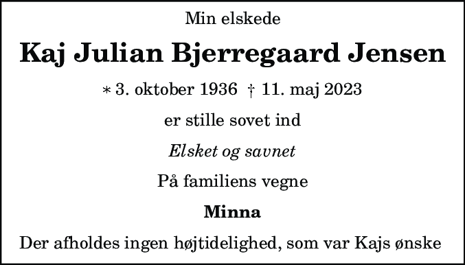 Dødsannonce for Kaj Julian Bjerregaard Jensen