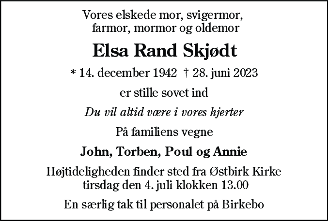 Dødsannonce for Elsa Rand Skjødt