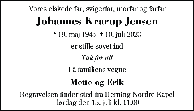 Dødsannonce for Johannes Krarup Jensen