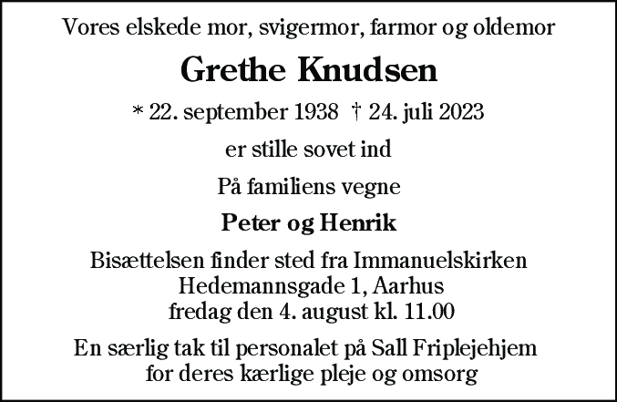 Dødsannonce for Grethe Knudsen