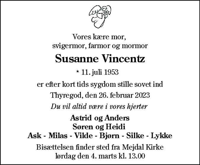 Dødsannonce for Susanne Vincentz