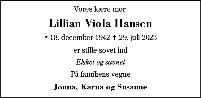 Dødsannonce for Lillian Viola Hansen