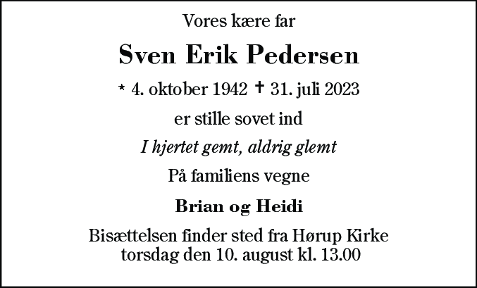 Dødsannonce for Sven Erik Pedersen