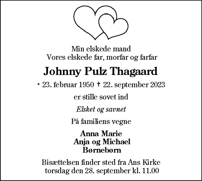 Dødsannonce for Johnny Pulz Thagaard