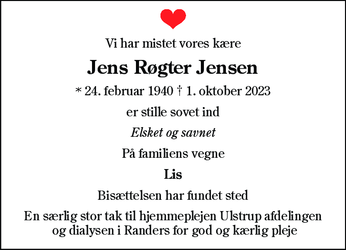 Dødsannonce for Jens Røgter Jensen