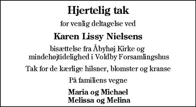 Dødsannonce for Karen Lissy Nielsen