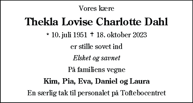 Dødsannonce for Thekla Lovise Charlotte Dahl