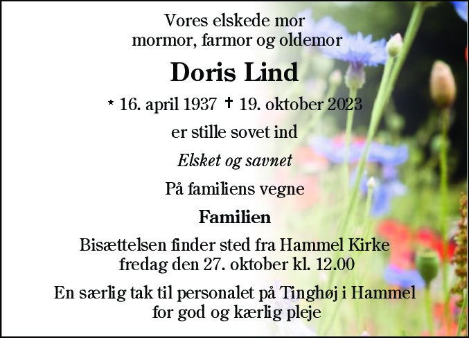 Dødsannonce for Doris Lind