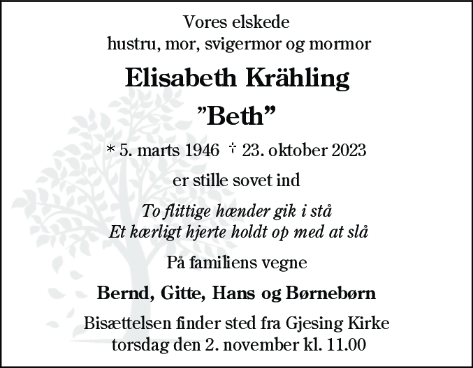 Dødsannonce for Elisabeth Krähling