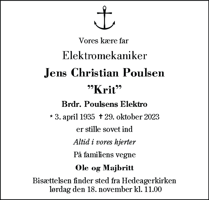 Dødsannonce for Jens Christian Poulsen