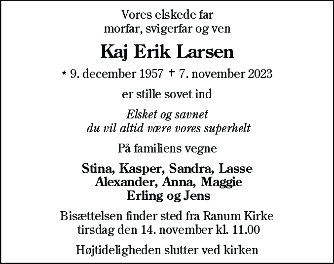 Dødsannonce for Kaj Erik Larsen