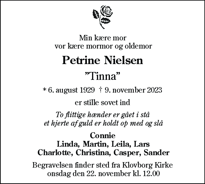 Dødsannonce for Petrine Nielsen