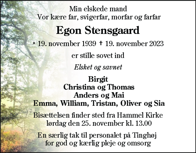 Dødsannonce for Egon Stensgaard