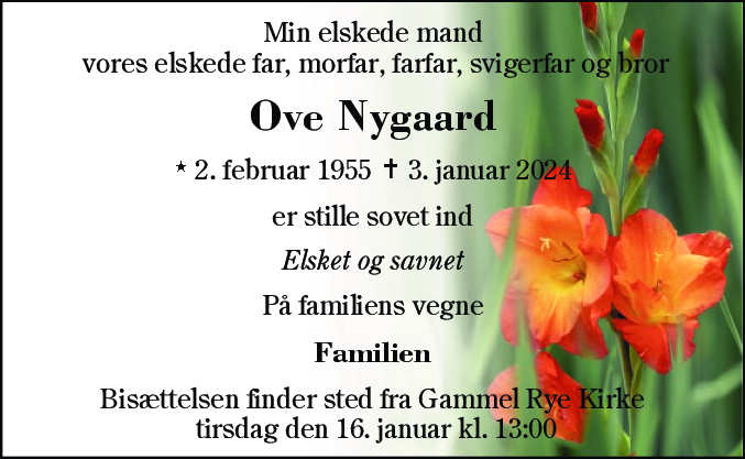 Dødsannonce for Ove Nygaard