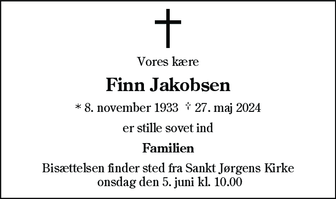 Dødsannonce for Finn Jakobsen