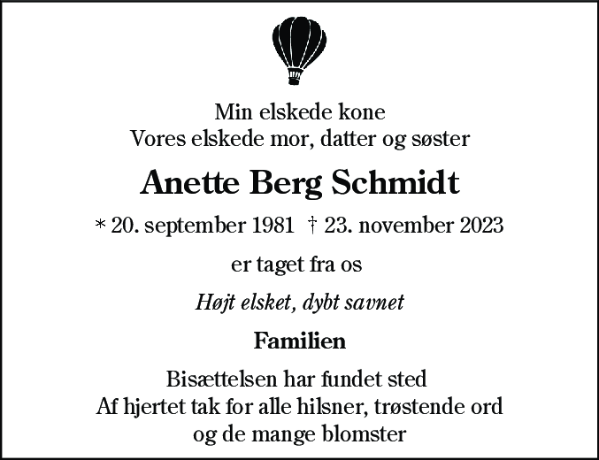 Dødsannonce for Anette Berg Schmidt