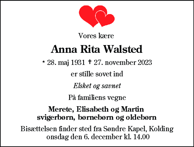 Dødsannonce for Anna Rita Walsted