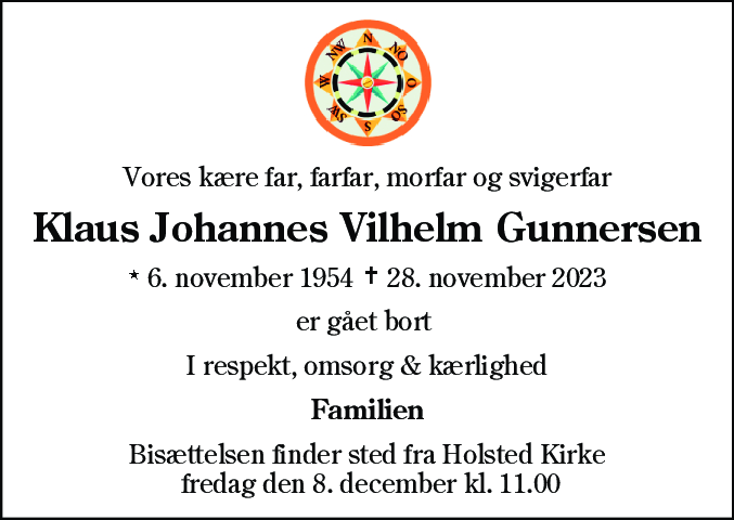 Dødsannonce for Klaus Johannes Vilhelm Gunnersen