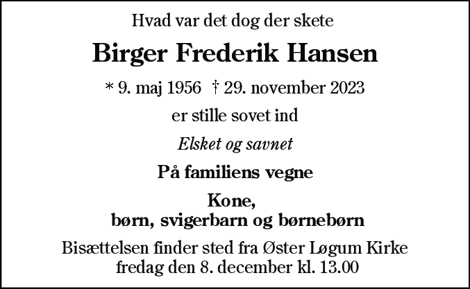 Dødsannonce for Birger Frederik Hansen
