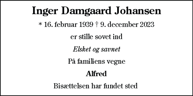 Dødsannonce for Inger Damgaard Johansen
