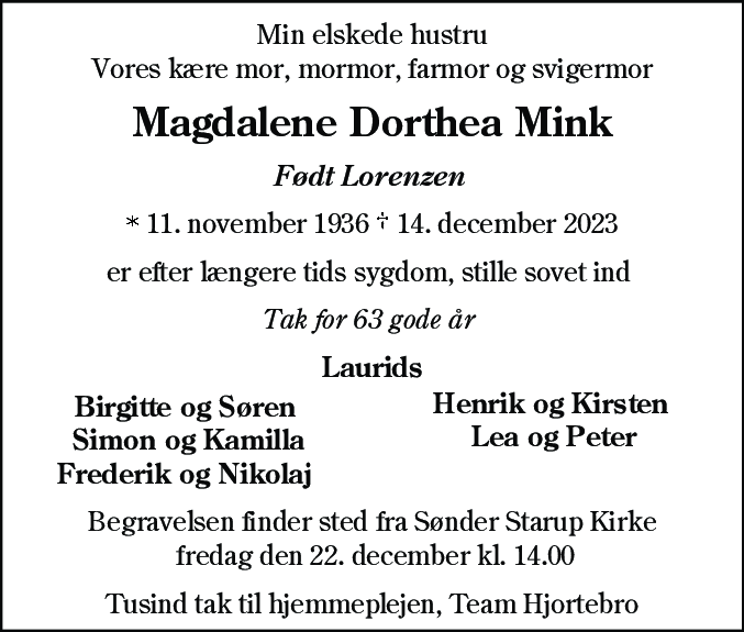 Dødsannonce for Magdalene Dorthea Mink