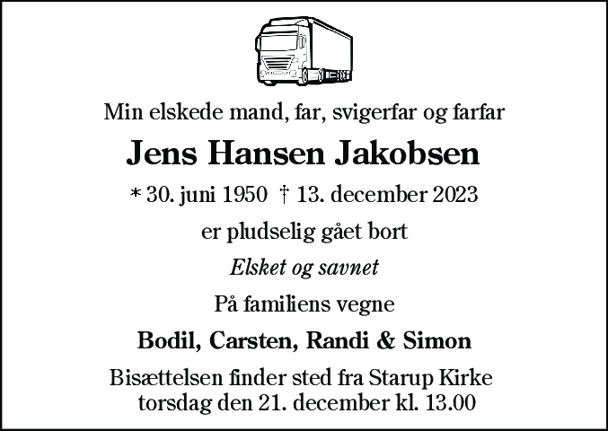 Dødsannonce for Jens Hansen Jakobsen