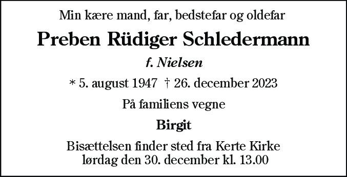 Dødsannonce for Preben Rüdiger Schledermann