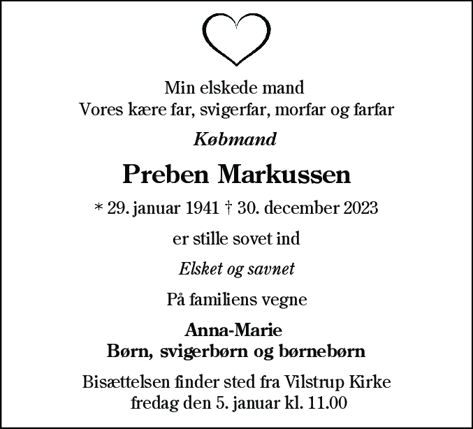 Dødsannonce for Preben Markussen